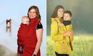 Momgeni jacket with infant cover offers protection from harsh weather